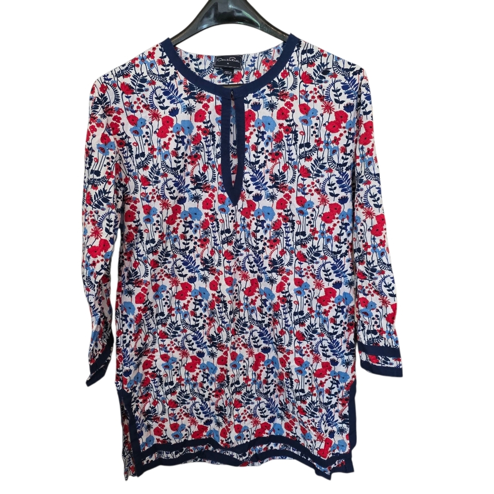 Oscar De La Rental Floral Cotton Tunic Top Keyhole Neck Hook & Eye Close Size M